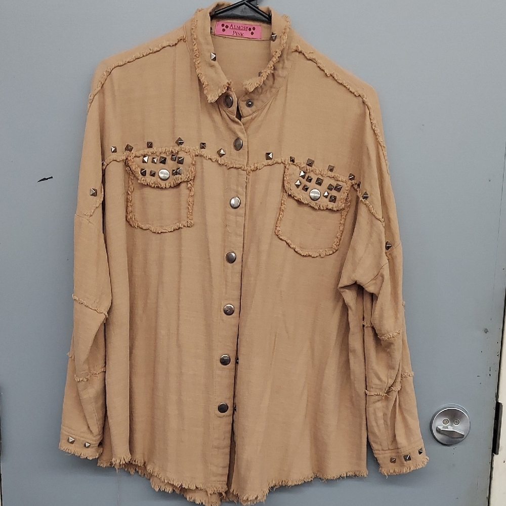 Tan Button Down Shirt with Studded Details